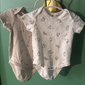 Rabbit & Bear Organic Easter Baby Onesies 3-6m One White and One Tan.